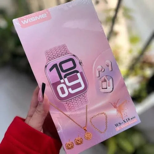 WISME WS X18 Mini Bluetooth Smartwatch Bundle – HD Display, Earbuds & Free Jewellery Gift Pack
